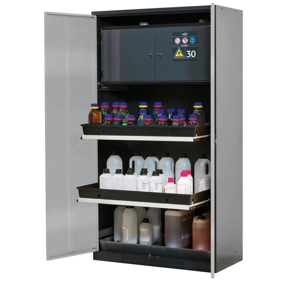 asecos® Chemikalienschrank CS-CLASSIC-F, mit Typ-30-Sicherheitsbox, PP-Wanne und 3 Tablarauszügen, HxBxT 1.950 x 1.055 x 520 mm, silber