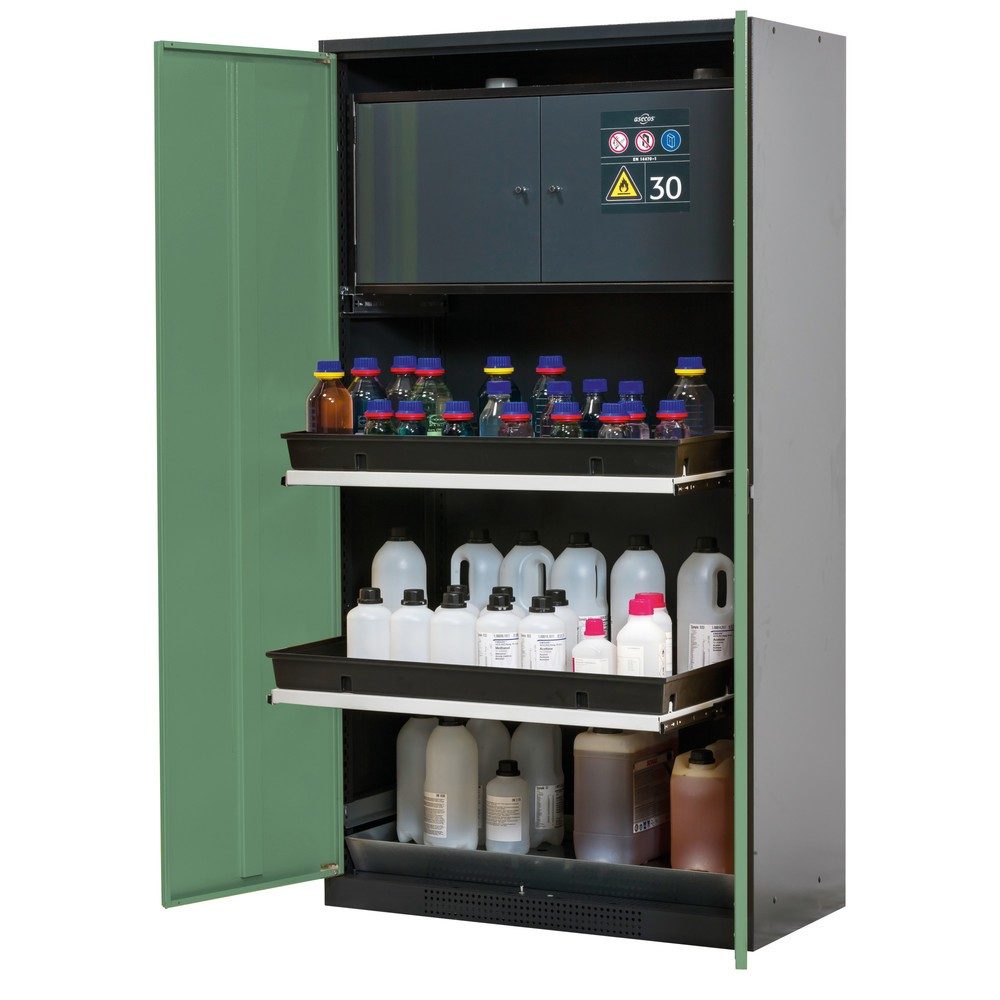 asecos® Chemikalienschrank CS-CLASSIC-F, mit Typ-30-Sicherheitsbox, PP-Wanne und 3 Tablarauszügen, HxBxT 1.950 x 1.055 x 520 mm, resedagrün