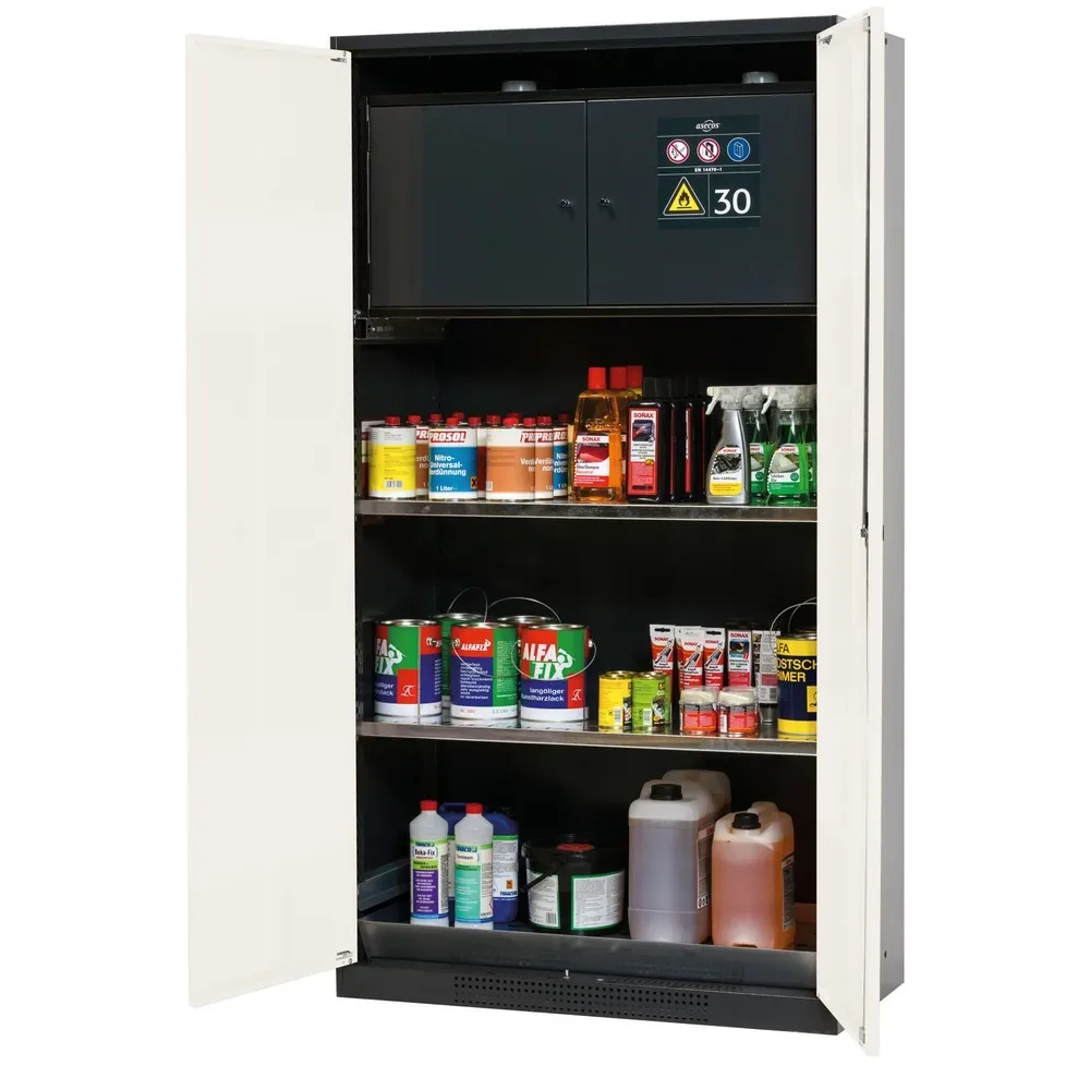 asecos® Chemikalienschrank CS-CLASSIC-F, mit Typ-30-Sicherheitsbox, Bodenauffangwanne mit Lochblech und 2 Fachböden, HxBxT 1.950 x 1.055 x 520 mm, reinweiss