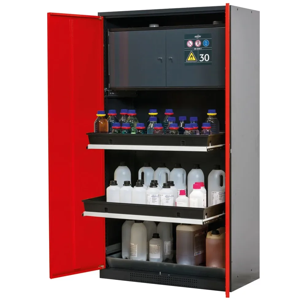 asecos® Chemikalienschrank CS-CLASSIC-F, mit Typ-30-Sicherheitsbox, PP-Wanne und 3 Tablarauszügen, HxBxT 1.950 x 1.055 x 520 mm, verkehrsrot