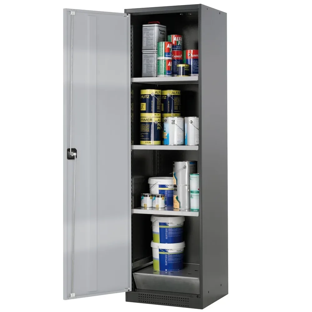 asecos® Chemikalienschrank CS-CLASSIC, mit Bodenauffangwanne mit Lochblech und 3 Fachböden, HxBxT 1.950 x 545 x 520 mm, silber