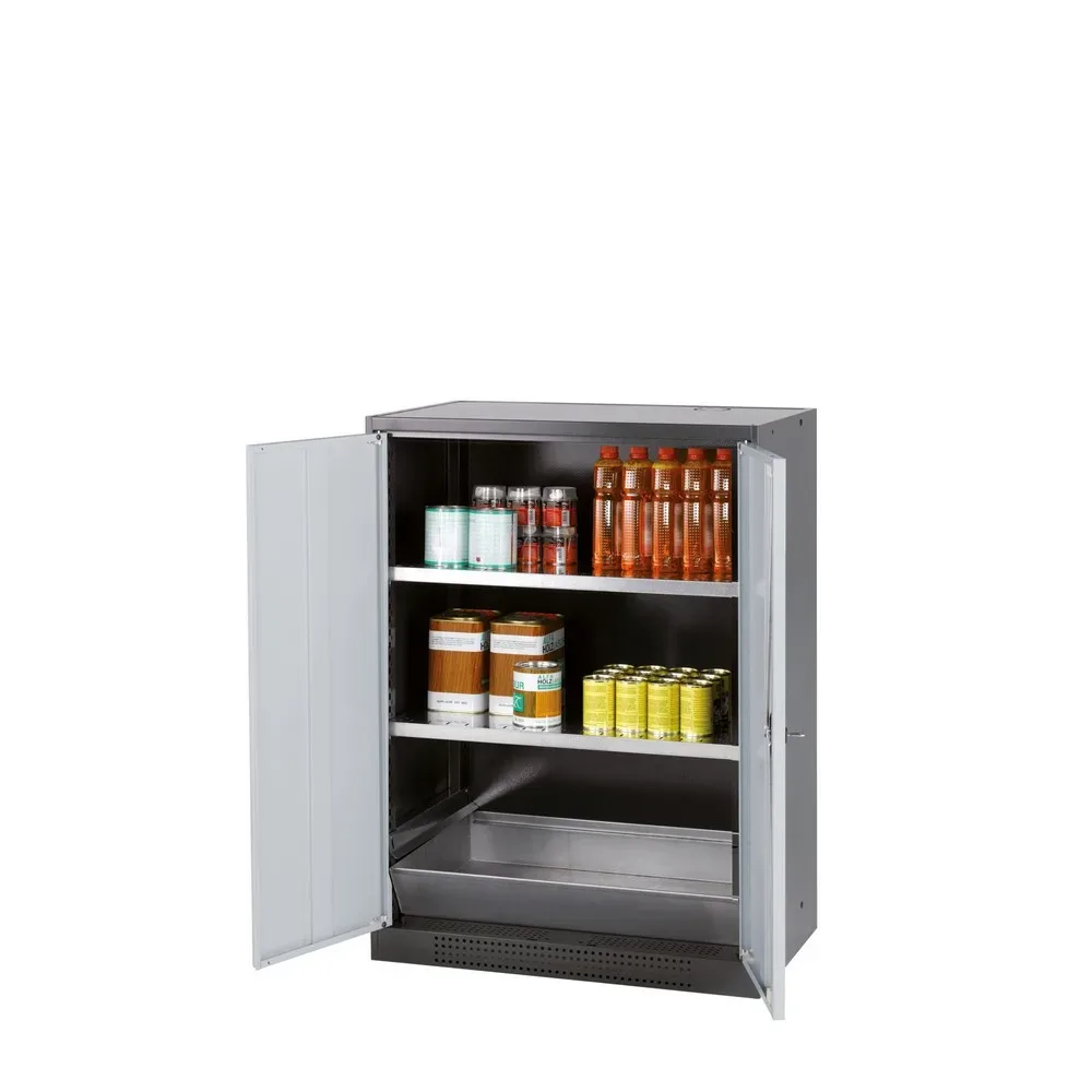 asecos® Chemikalienschrank CS-CLASSIC, mit Bodenauffangwanne mit Lochblech und 2 Fachböden, HxBxT 1.105 x 810 x 520 mm, lichtgrau