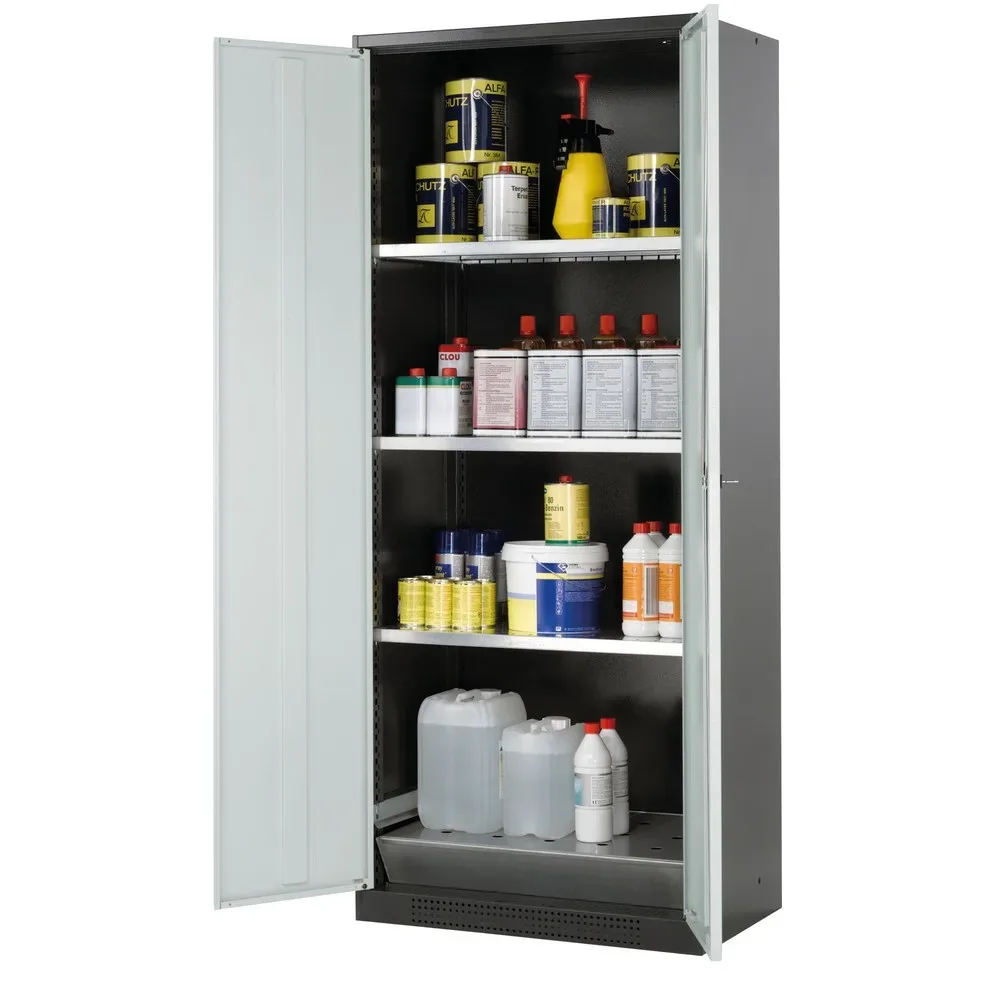 asecos® Chemikalienschrank CS-CLASSIC, mit Bodenauffangwanne mit Lochblech und 3 Fachböden, HxBxT 1.950 x 810 x 520 mm, lichtgrau