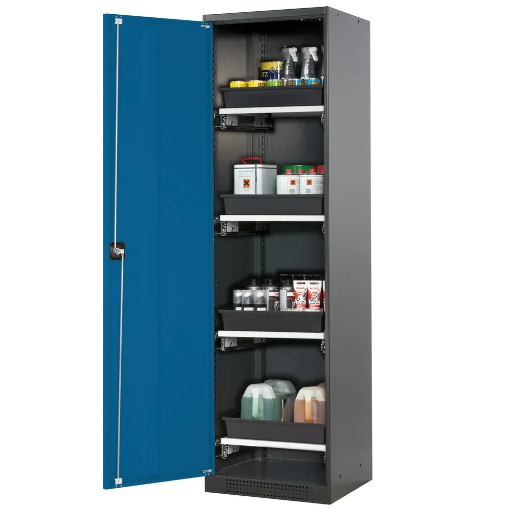 Chemikalienschrank, Flügeltür, 4 Auszugswannen, 545x520x1950 mm, enzianblau