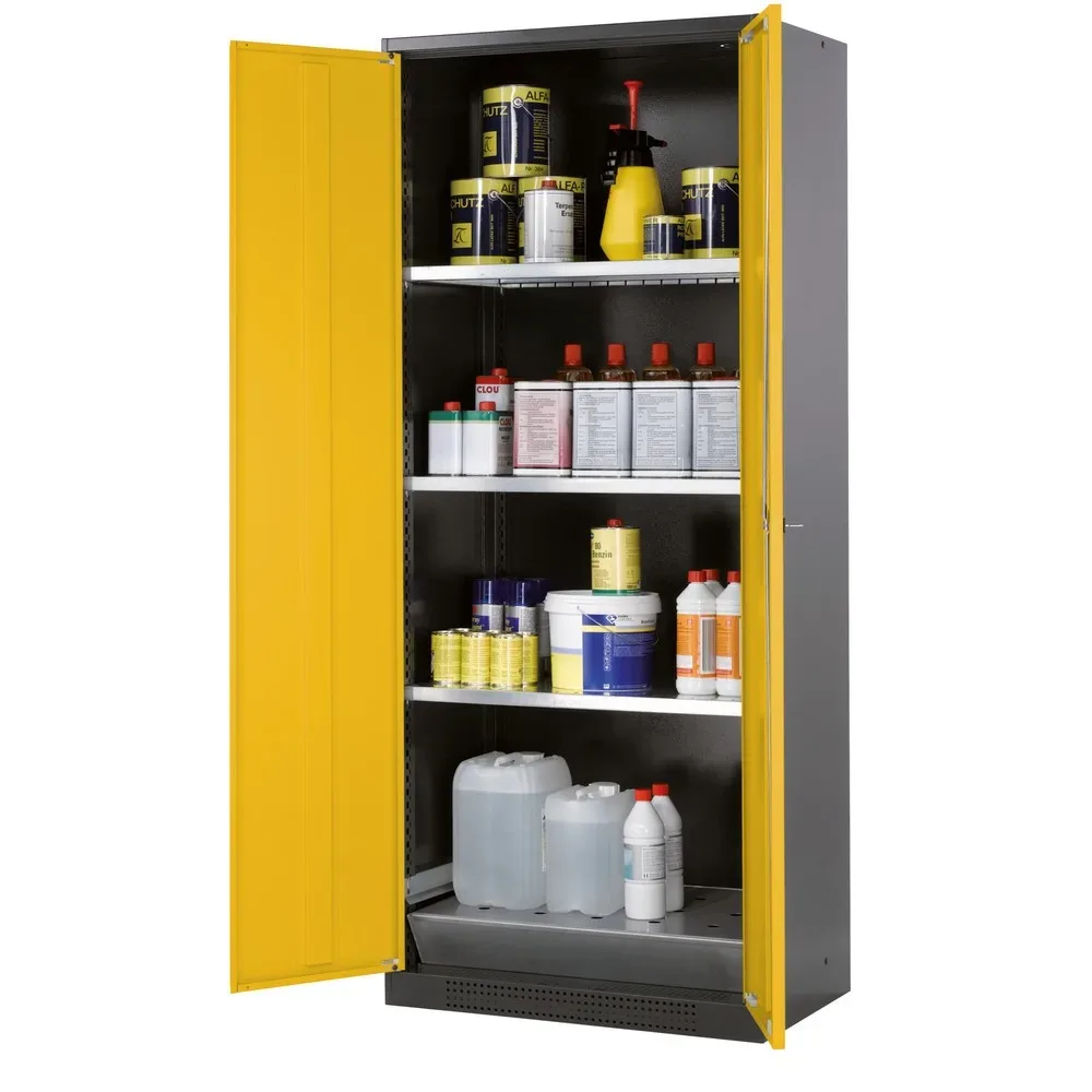 asecos® Chemikalienschrank CS-CLASSIC, mit Bodenauffangwanne mit Lochblech und 3 Fachböden, HxBxT 1.950 x 810 x 520 mm, goldgelb