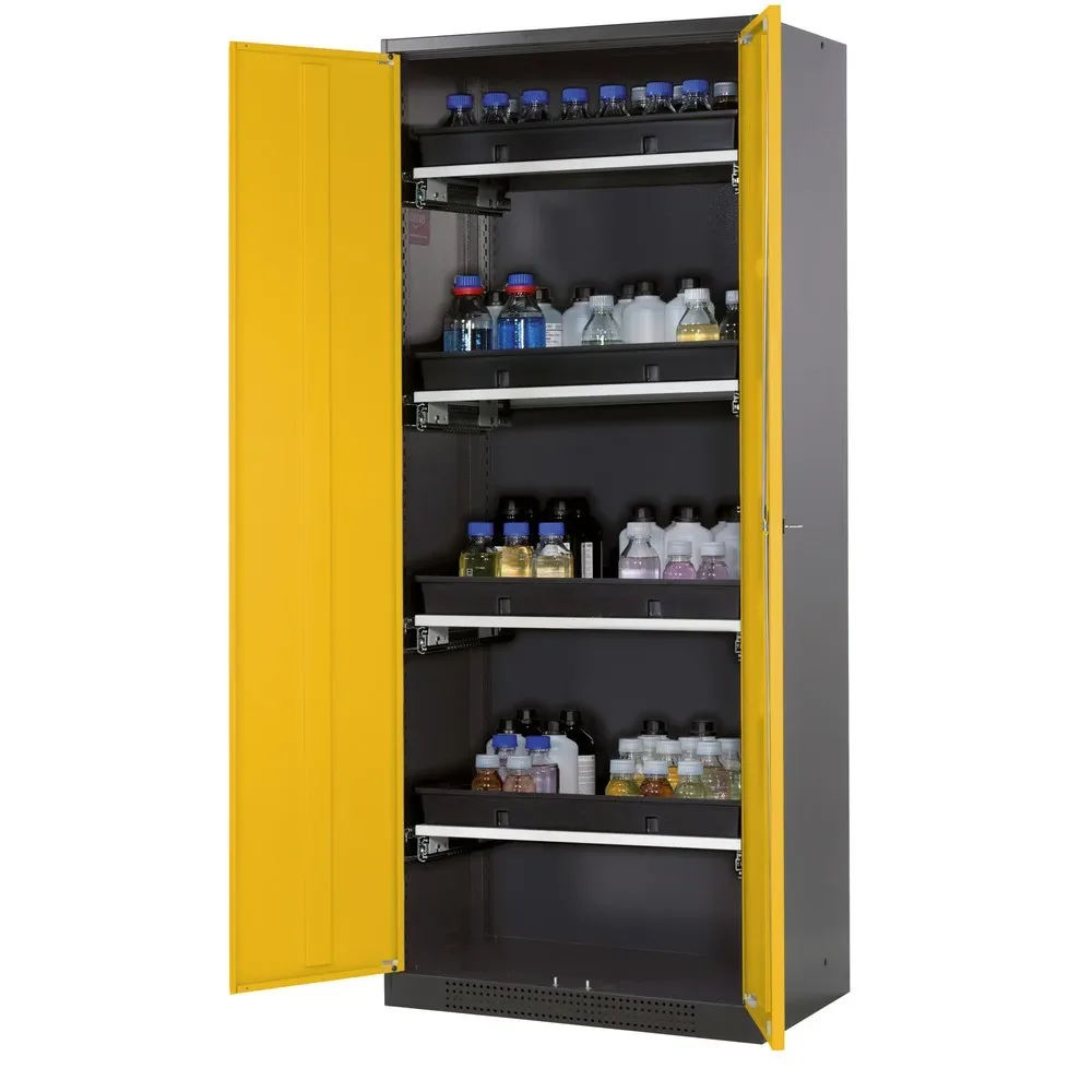 asecos® Chemikalienschrank CS-CLASSIC, mit 4 Tablarauszügen und PP-Wanne, HxBxT 1.950 x 810 x 520 mm, goldgelb
