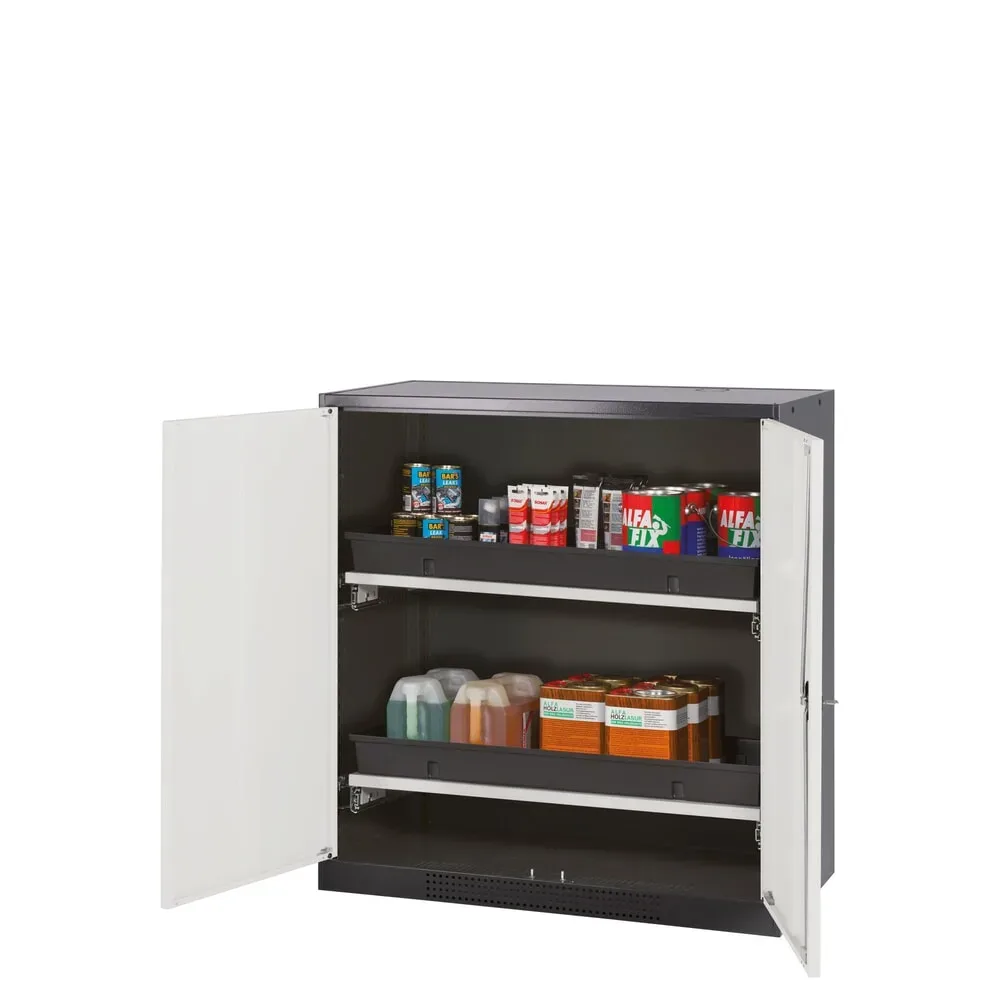 Chemikalienschrank, Flügeltür, 2 Auszugswannen, 1055x520x1105 mm, silber