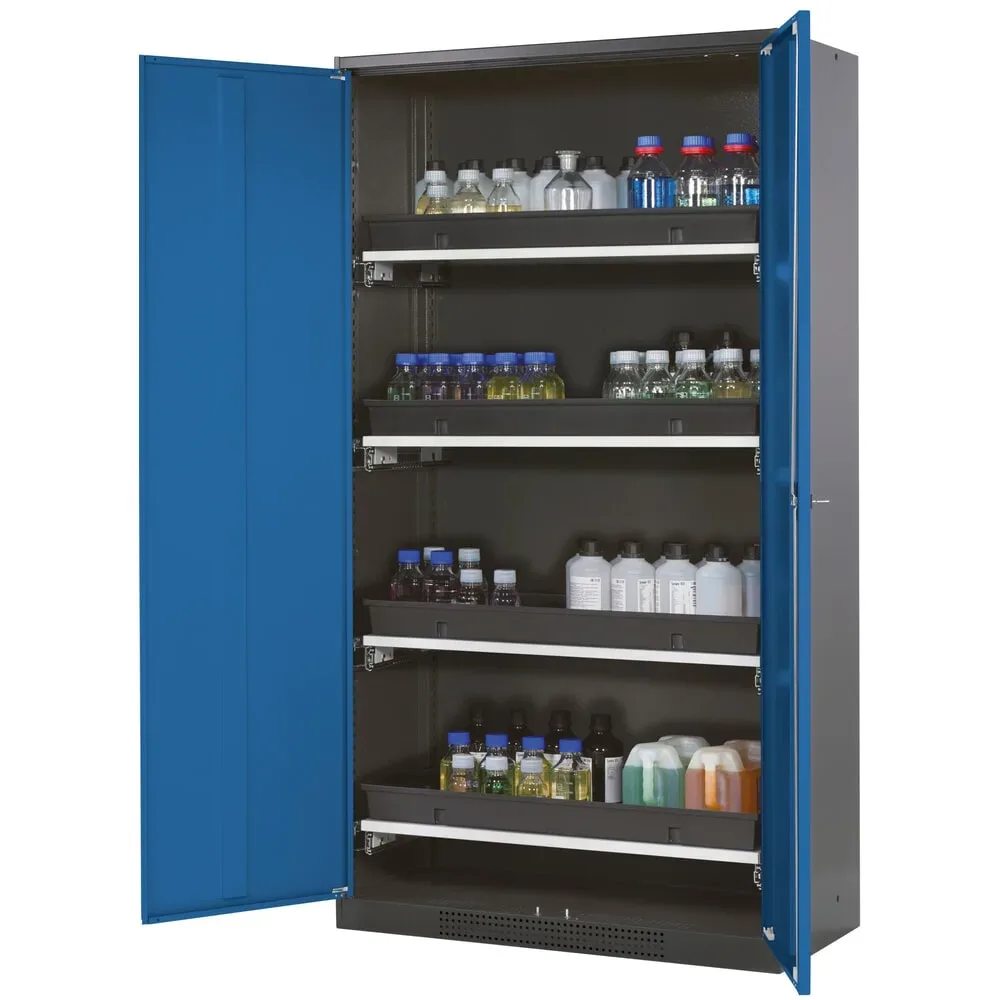 asecos® Chemikalienschrank CS-CLASSIC, mit 4 Tablarauszügen und PP-Wanne, HxBxT 1.950 x 1.055 x 520 mm, enzianblau