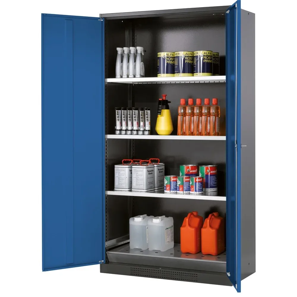 asecos® Chemikalienschrank CS-CLASSIC, mit Bodenauffangwanne mit Lochblech und 3 Fachböden, HxBxT 1.950 x 1.055 x 520 mm, enzianblau