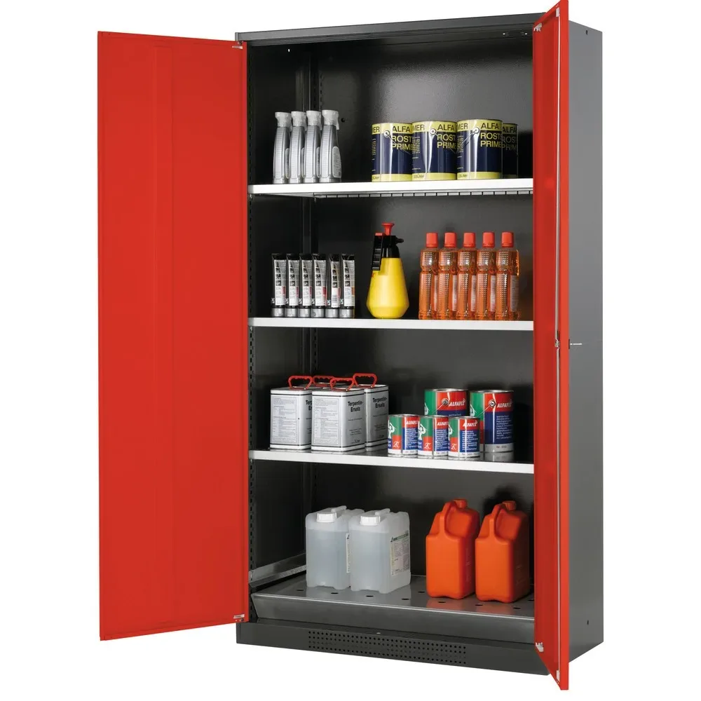 asecos® Chemikalienschrank CS-CLASSIC, mit Bodenauffangwanne mit Lochblech und 3 Fachböden, HxBxT 1.950 x 1.055 x 520 mm, verkehrsrot