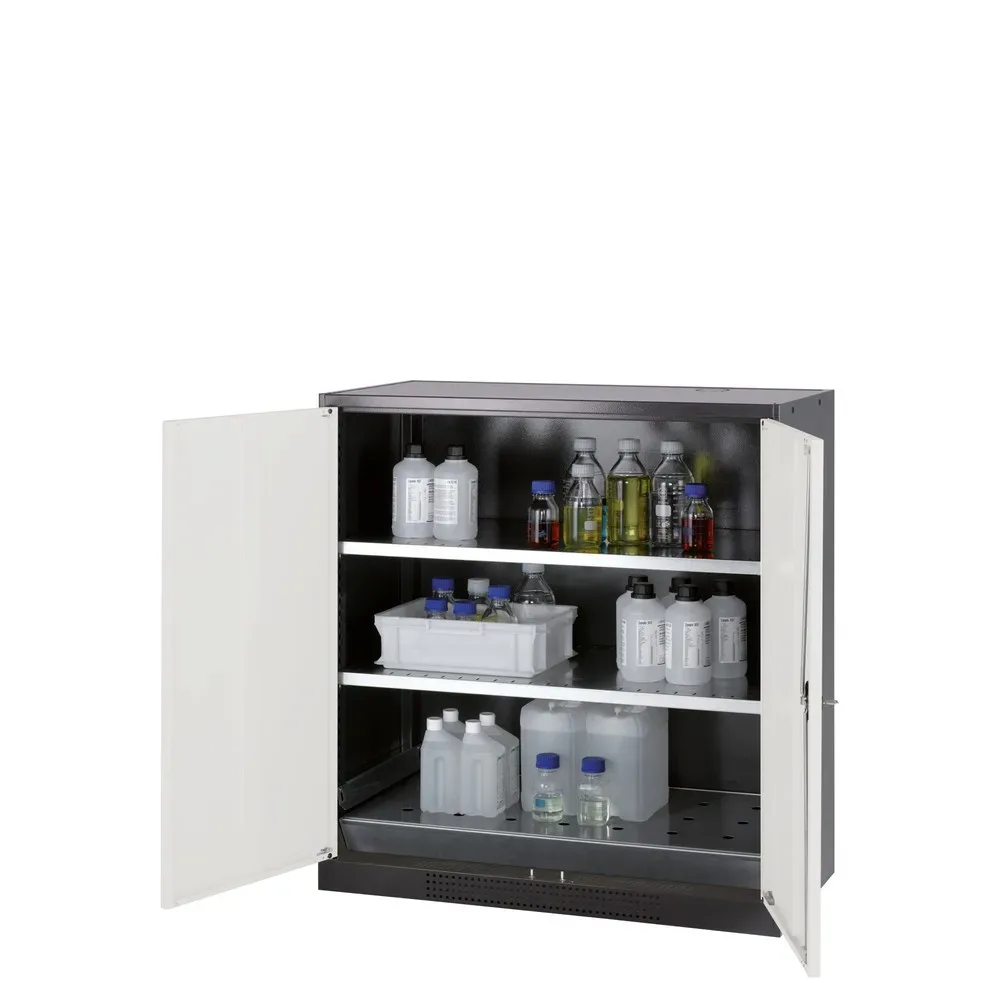 asecos® Chemikalienschrank CS-CLASSIC, mit Bodenauffangwanne mit Lochblech und 2 Fachböden, HxBxT 1.105 x 1.055 x 520 mm, silber