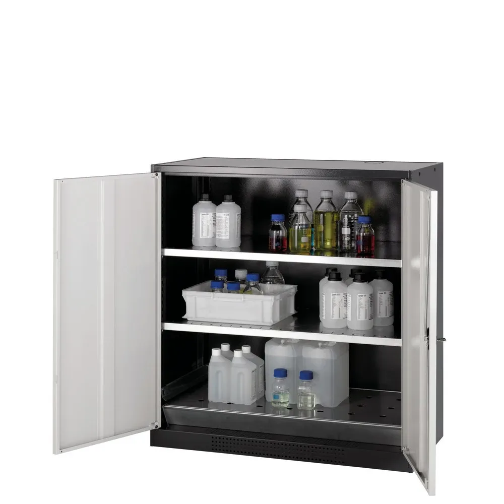 asecos® Chemikalienschrank CS-CLASSIC, mit Bodenauffangwanne mit Lochblech und 2 Fachböden, HxBxT 1.105 x 1.055 x 520 mm, lichtgrau