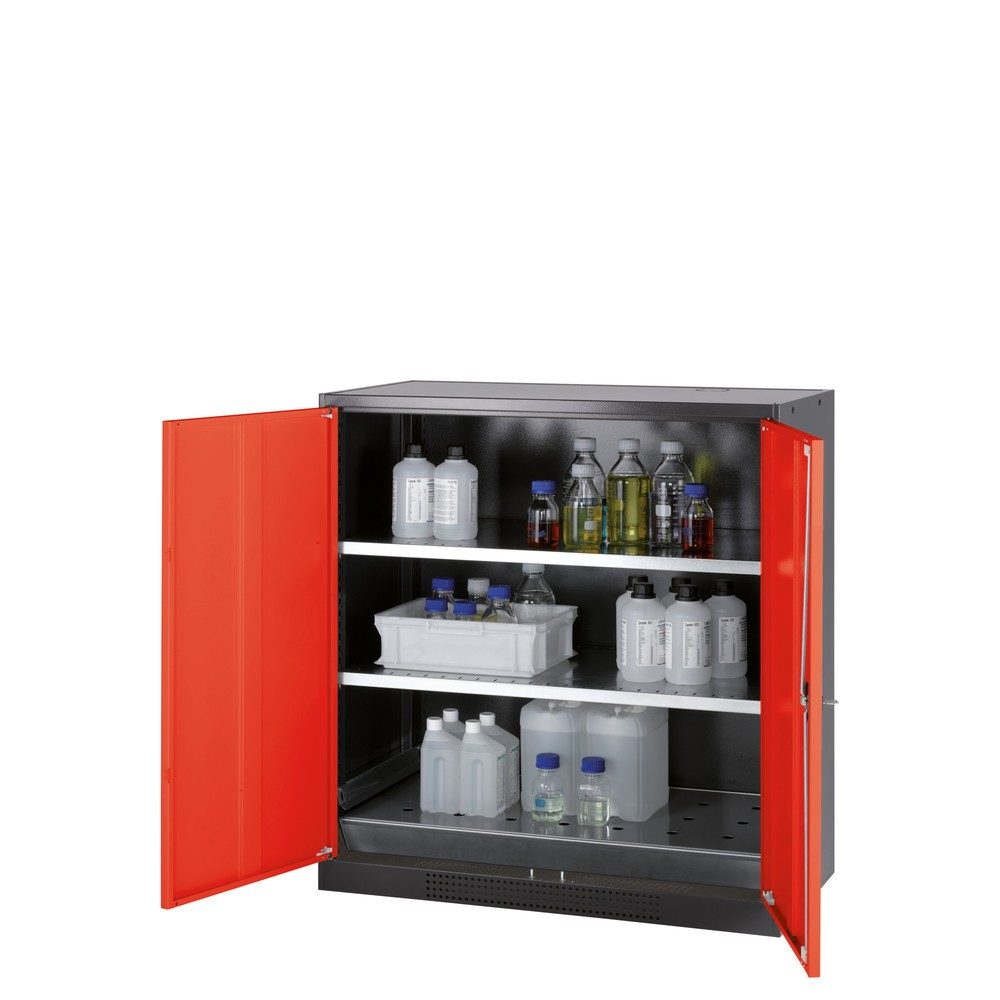 asecos® Chemikalienschrank CS-CLASSIC, mit Bodenauffangwanne mit Lochblech und 2 Fachböden, HxBxT 1.105 x 1.055 x 520 mm, verkehrsrot