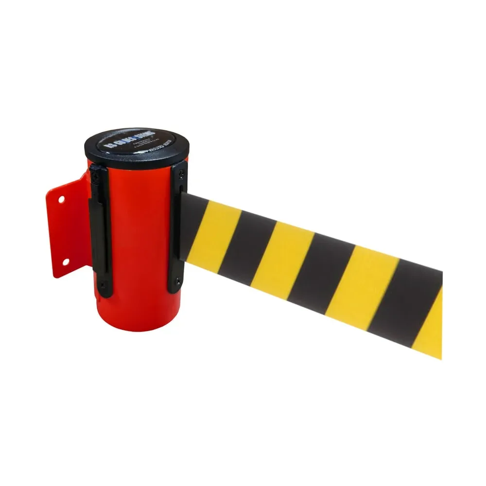 RS-GUIDESYSTEMS® Wandgurt-Kassette aus Metall, pulverbeschichtet, Auszugslänge 4 m, rot, schwarz / gelb diagonal gestreift