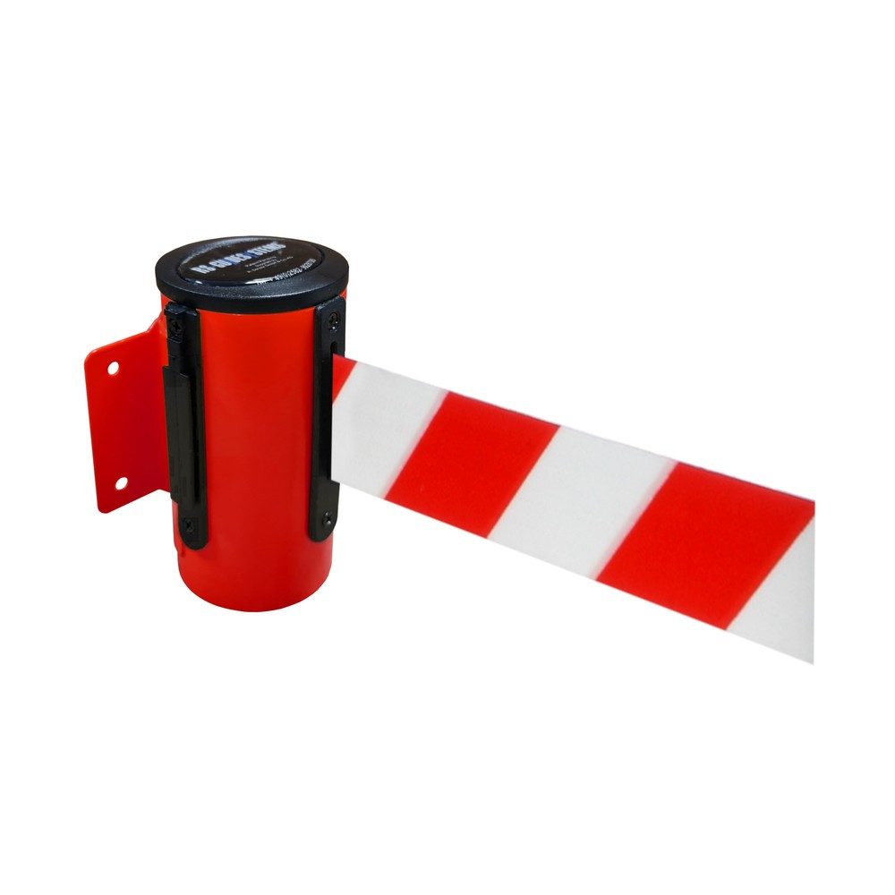 RS-GUIDESYSTEMS® Wandgurt-Kassette aus Metall, pulverbeschichtet, Auszugslänge 4 m, rot, rot / weiss diagonal gestreift