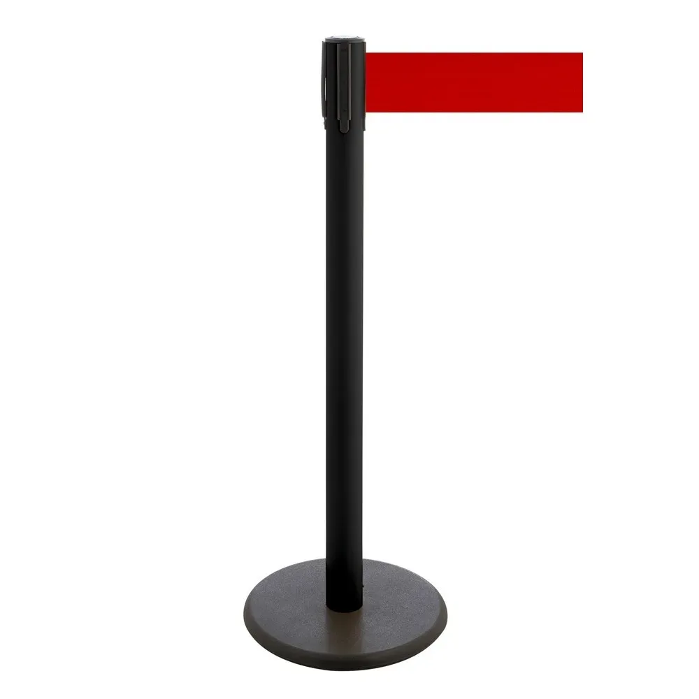 RS-GUIDESYSTEMS® Gurt-Absperrpfosten, Bodenteller aus Guss, Gurtbreite 100 mm, schwarz, rot, 3,8 m