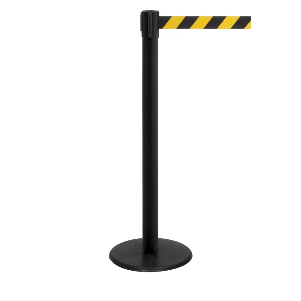 RS-GUIDESYSTEMS® Gurt-Absperrpfosten, Bodenteller aus Guss, Gurtbreite 50 mm, schwarz, schwarz / gelb diagonal gestreift, 4,0 m