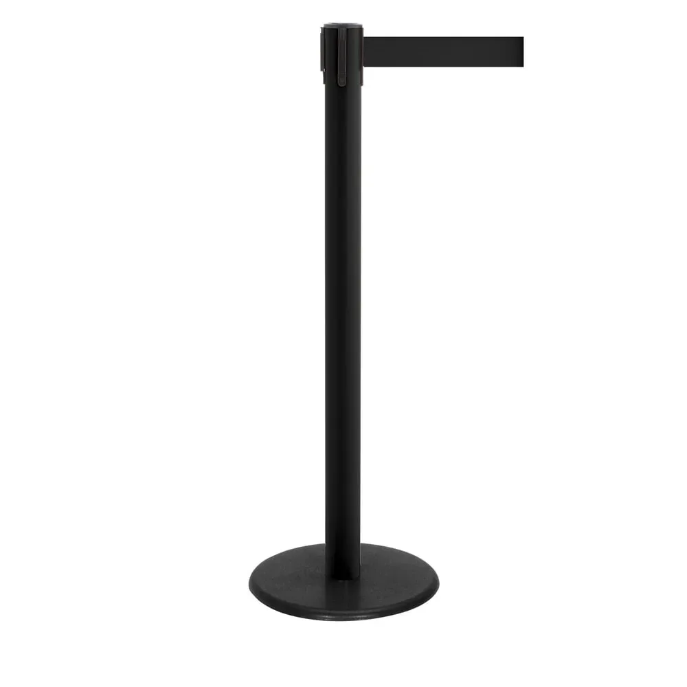 RS-GUIDESYSTEMS® Gurtpfosten GLA 28, inkl. Bodenteller Ø 330 mm & Gurtkassette 2,3 m Auszug, 1 Stück, Gurt schwarz