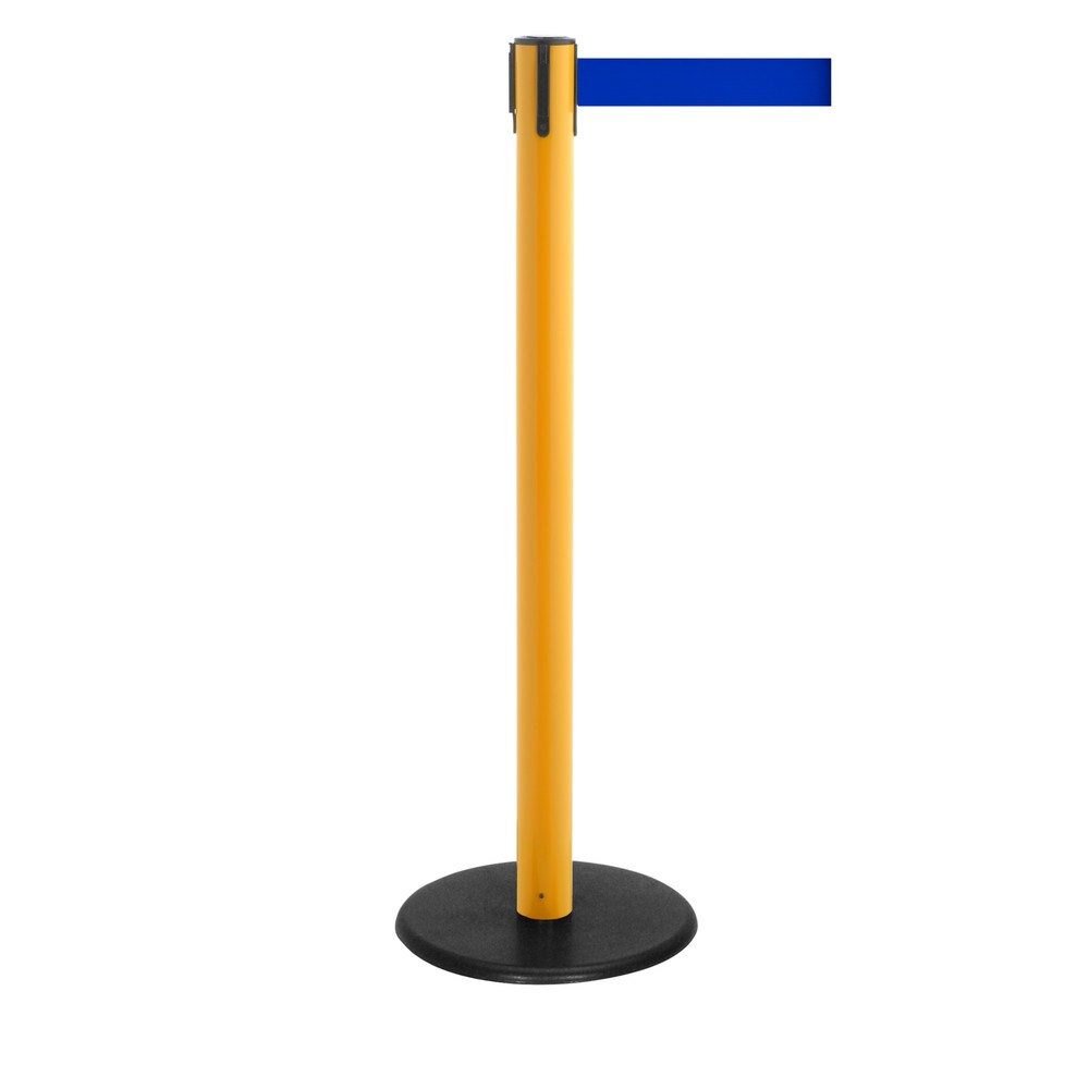 RS-GUIDESYSTEMS® Gurt-Absperrpfosten, Bodenteller aus Guss, Gurtbreite 50 mm, gelb, blau, 4,0 m