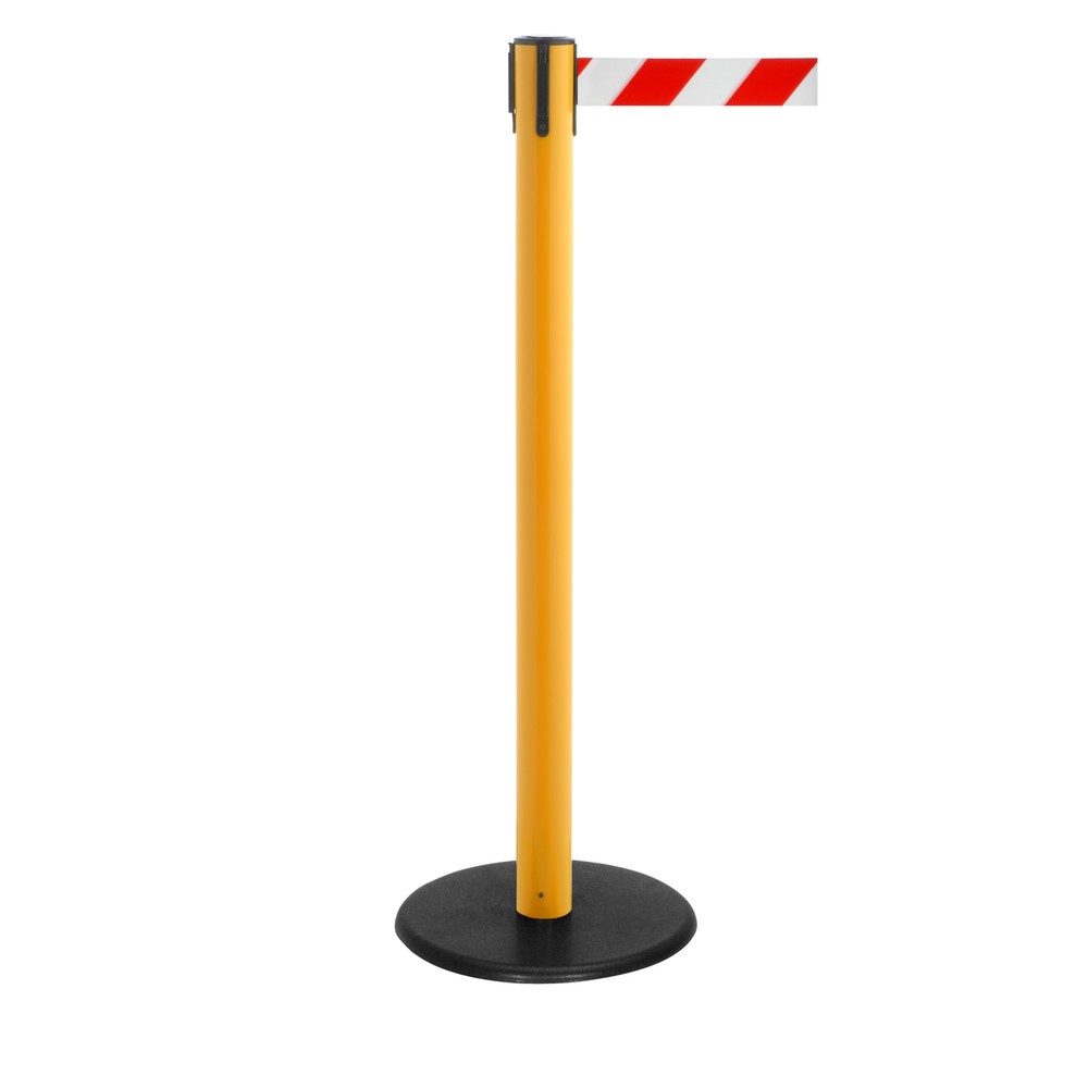 RS-GUIDESYSTEMS® Gurt-Absperrpfosten, Bodenteller aus Guss, Gurtbreite 50 mm, gelb, rot / weiss diagonal gestreift, 4,0 m
