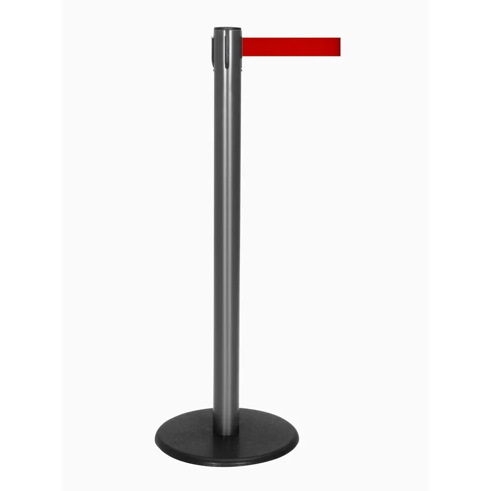 RS-GUIDESYSTEMS® Gurt-Absperrpfosten, Bodenteller aus Guss, Gurtbreite 50 mm, anthrazit, rot, 4,0 m