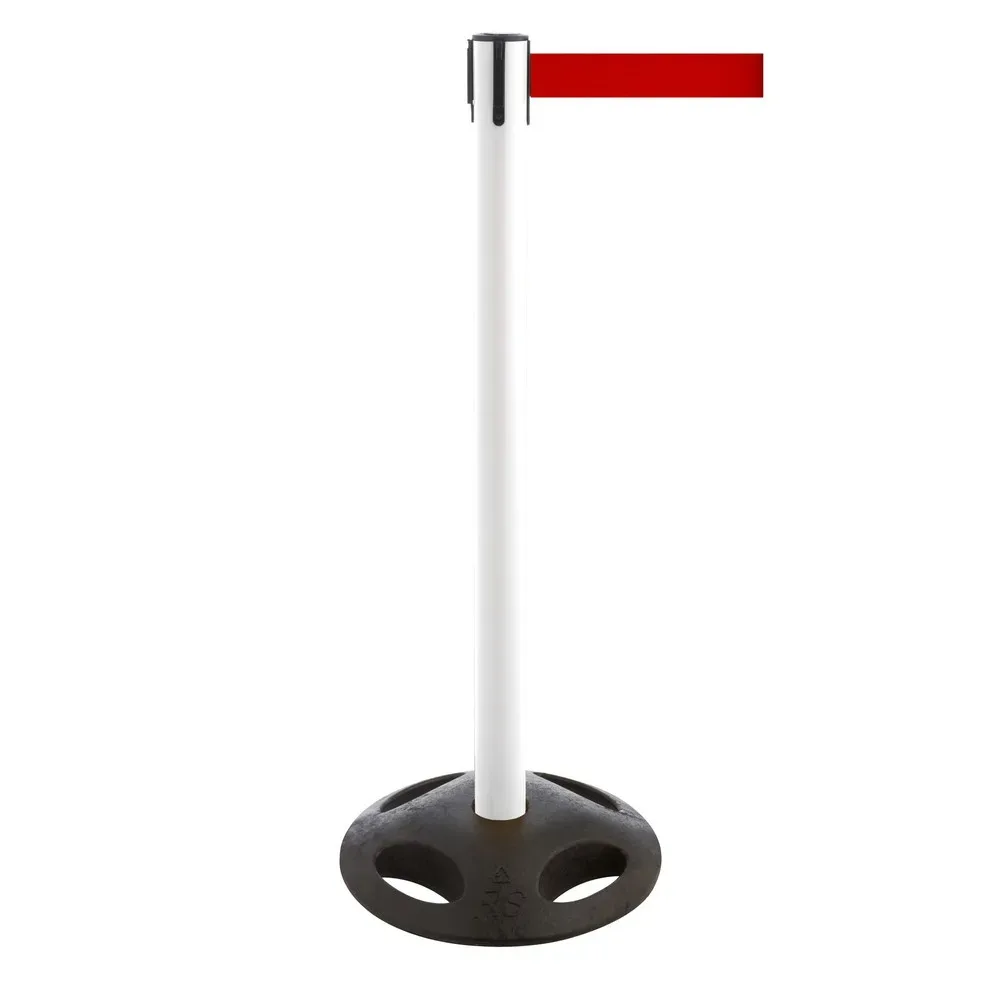 RS-GUIDESYSTEMS® Gurt-Absperrpfosten, Bodenteller aus Verbundwerkstoff, Gurtbreite 50 mm, weiss, rot