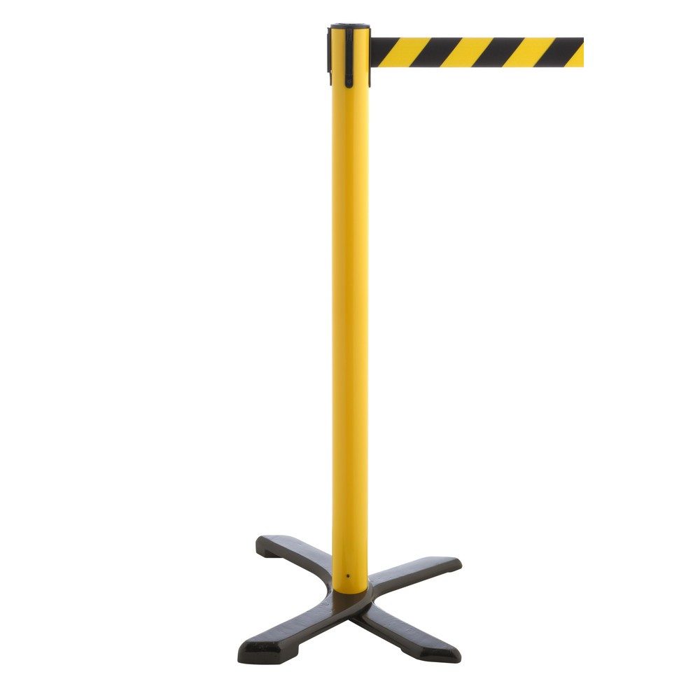 RS-GUIDESYSTEMS® Absperrpfosten Kreuzfuss, Gurtlänge 4 m, gelb, schwarz / gelb diagonal gestreift