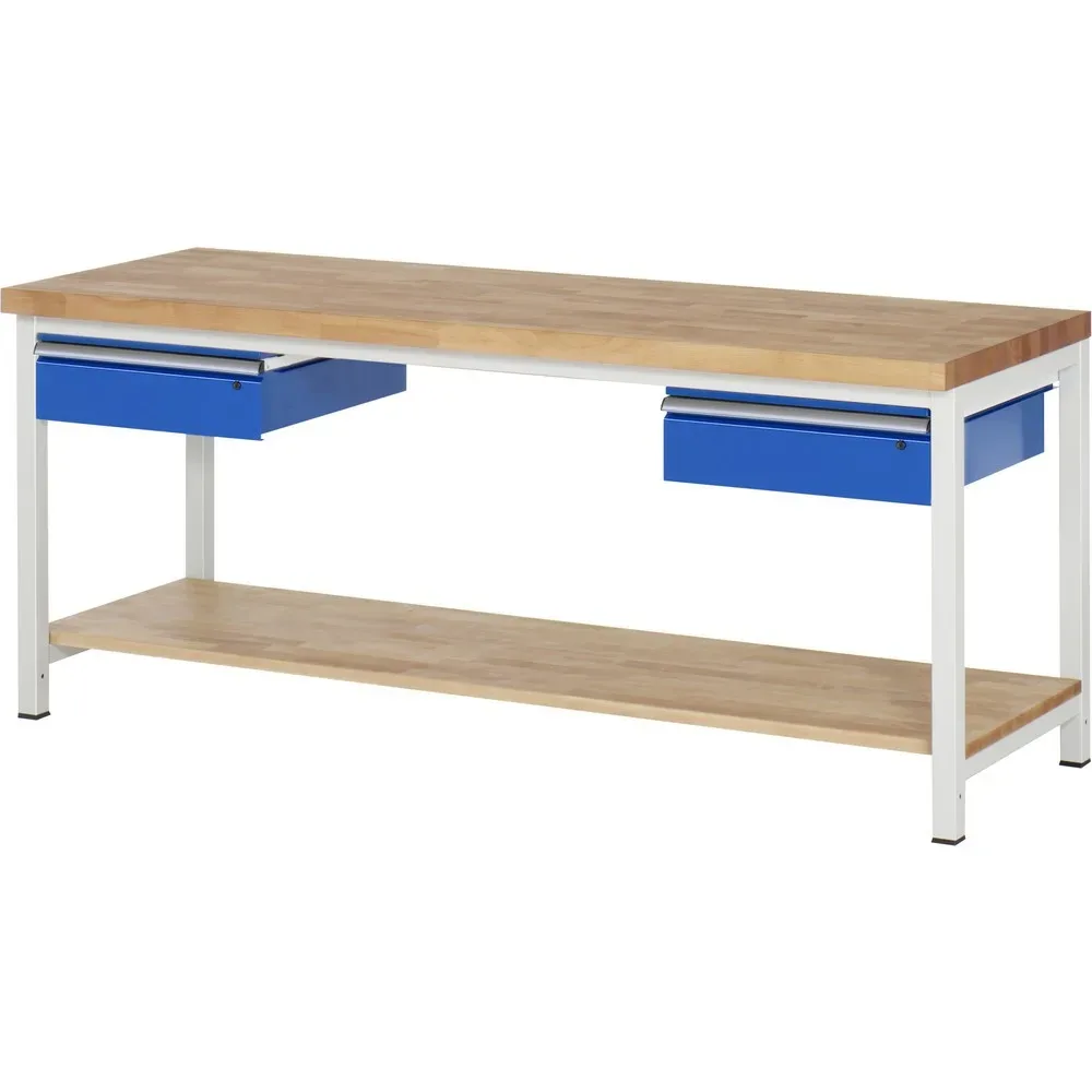 RAU Werkbank Serie 8000, HxBxT 840-1.040 x 2.000 x 700 mm, 2 Schubladen, 1 Buche-Massiv-Ablageboden