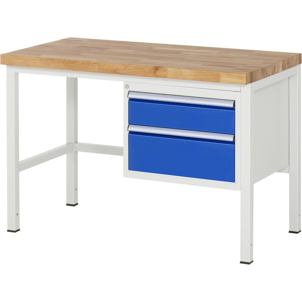 RAU Werkbank Serie 8000, HxBxT 840-1.040 x 1.250 x 700 mm, 2 x 90%-Auszug-Schubladen 1 x 150, 1 x 210 mm, Schubladen-TK 100 kg