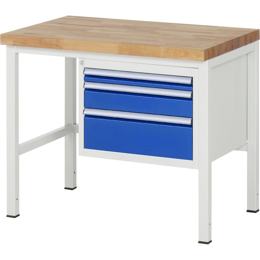 RAU Werkbank Serie 8000, HxBxT 840-1.040 x 1.000 x 700 mm, 3 x 90%-Auszug-Schubladen 1 x 60, 1 x 120, 1 x 180 mm, Breite 490 mm