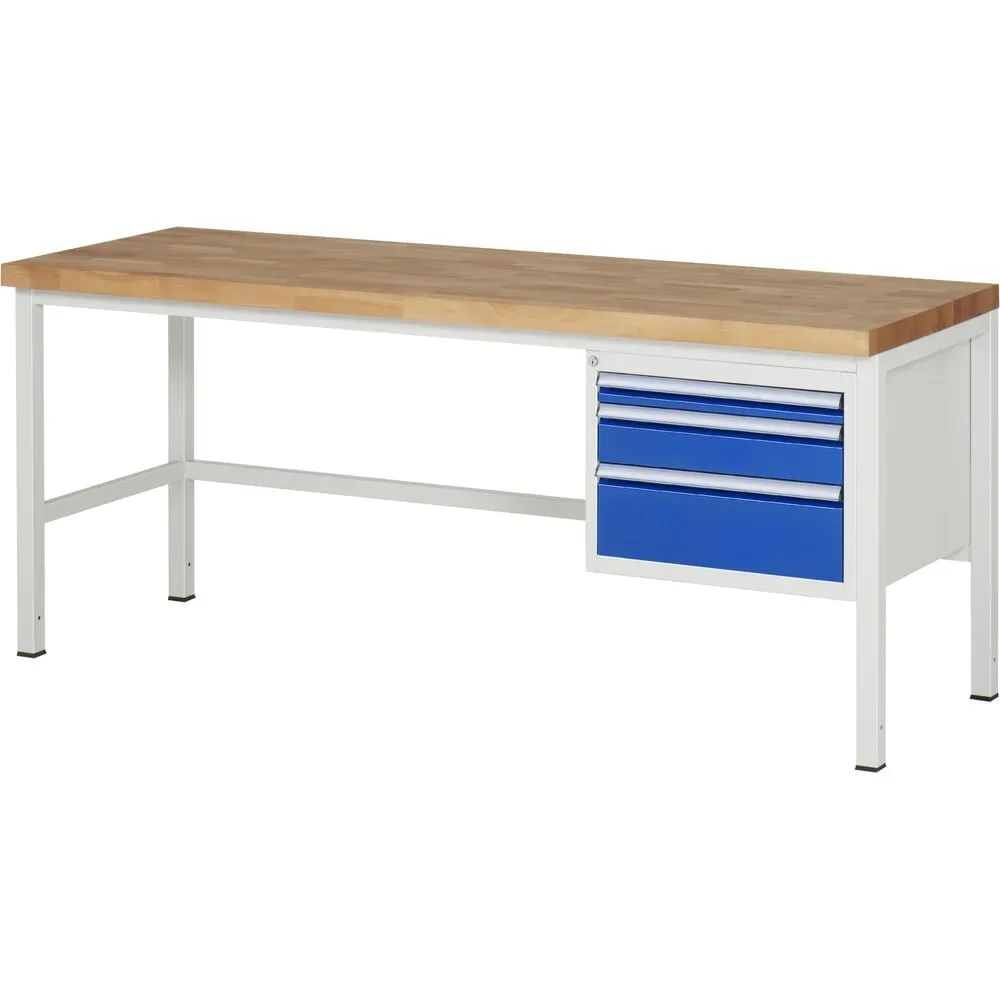RAU Werkbank Serie 8000, HxBxT 840-1.040 x 2.000 x 700 mm, 3 x 90%-Auszug-Schubladen 1 x 60, 1 x 120, 1 x 180 mm, Breite 490 mm