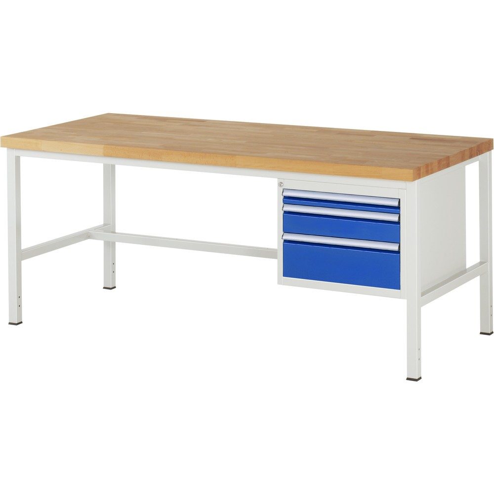RAU Werkbank Serie 8000, HxBxT 840-1.040 x 2.000 x 900 mm, 3 x 90%-Auszug-Schubladen 1 x 60, 1 x 120, 1 x 180 mm, Schubladen-TK 100 kg