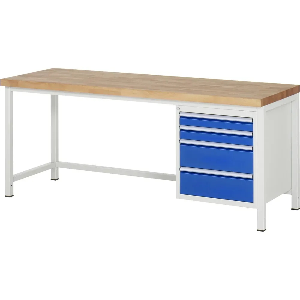 RAU Werkbank Serie 8000, HxBxT 840-1.040 x 2.000 x 700 mm, 4 x 100%-Auszug-Schubladen 2 x 90, 2 x 180 mm, Breite 490 mm