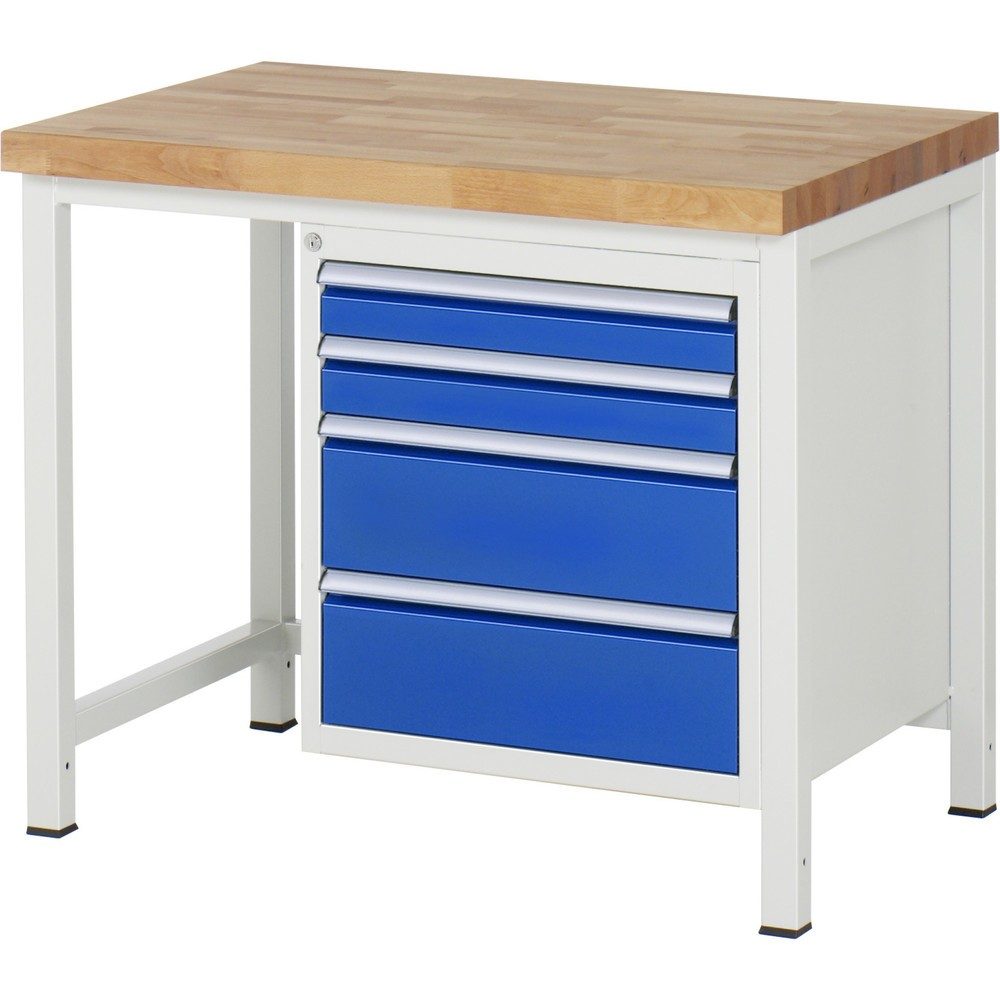 RAU Werkbank Serie 8000, HxBxT 840-1.040 x 1.000 x 700 mm, 4 x 90%-Auszug-Schubladen 2 x 90, 2 x 180 mm, Breite 490 mm