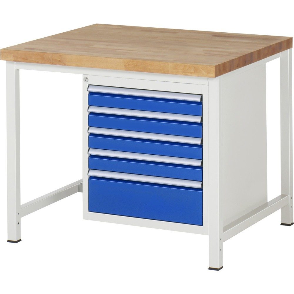 RAU Werkbank Serie 8000, HxBxT 840-1.040 x 1.000 x 900 mm, 5 x 90%-Auszug-Schubladen 4 x 90, 1 x 180 mm, Schubladen-TK 100 kg