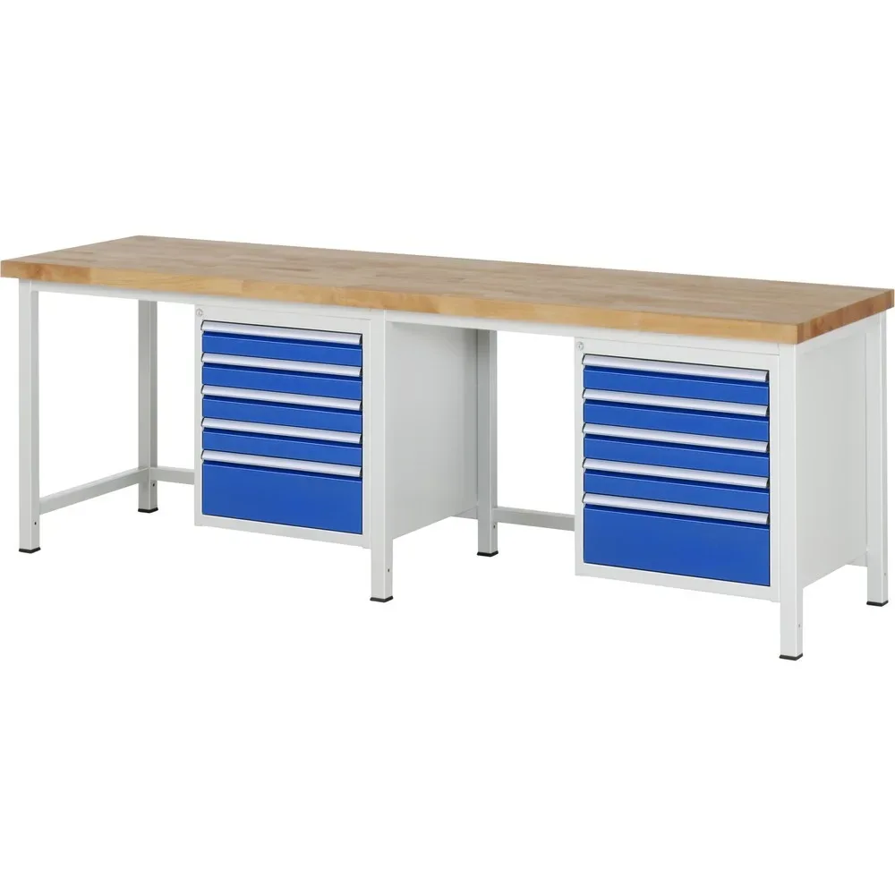 RAU Werkbank Serie 8000, 2 Container, HxBxT 840 x 2.500 x 700 mm, 10 x 90%-Auszug-Schubladen 8 x 90, 2 x 180 mm