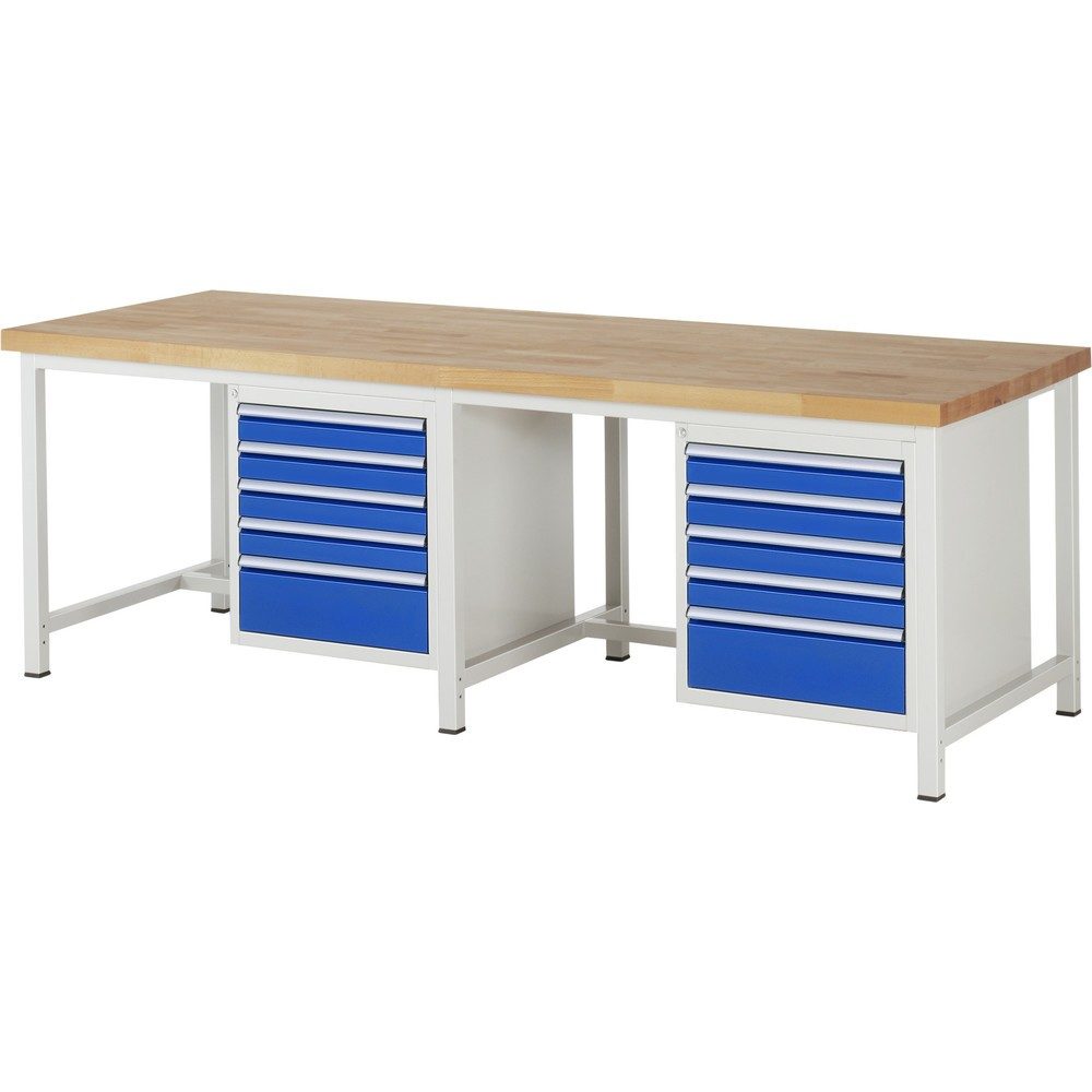 RAU Werkbank Serie 8000, 2 Container, HxBxT 840 x 2.500 x 900 mm, 10 x 100%-Auszug-Schubladen 8 x 90, 2 x 180 mm