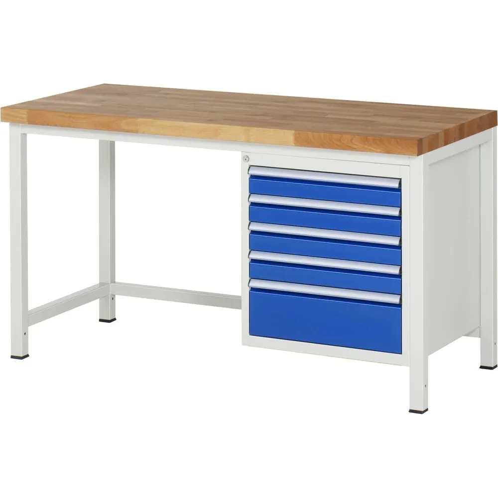 RAU Werkbank Serie 8000, HxBxT 840-1.040 x 1.500 x 700 mm, 5 x 100%-Auszug-Schubladen 4 x 90, 1 x 180 mm, Schubladen-TK 100 kg