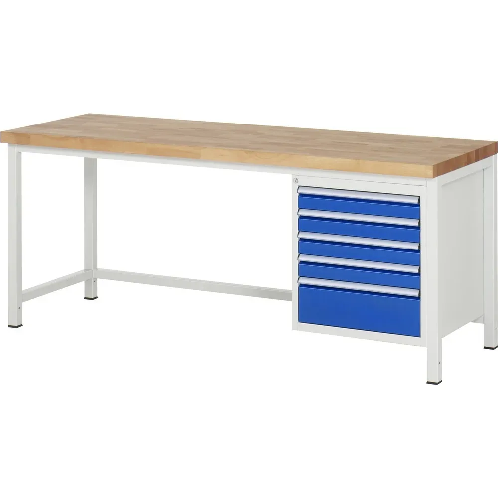 RAU Werkbank Serie 8000, HxBxT 840-1.040 x 2.000 x 700 mm, 5 x 90%-Auszug-Schubladen 4 x 90, 1 x 180 mm, Schubladen-TK 100 kg