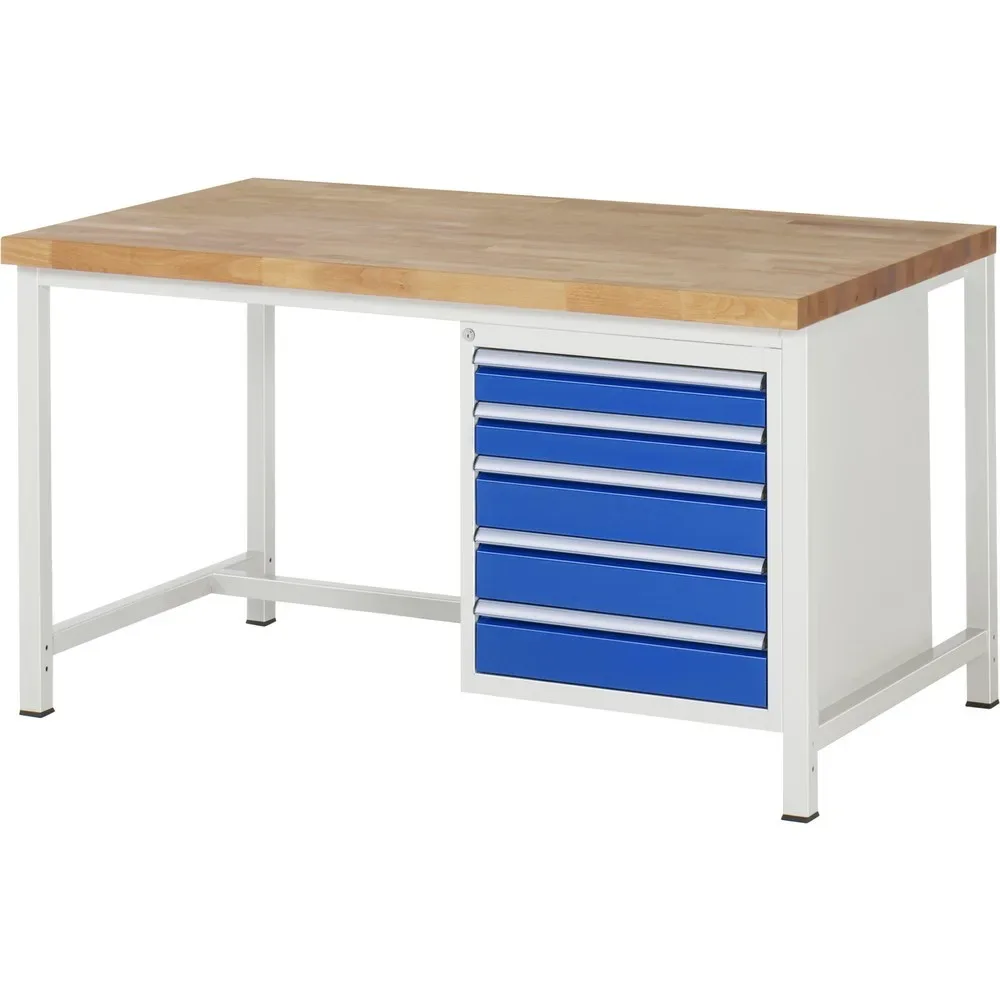 RAU Werkbank Serie 8000, HxBxT 840-1.040 x 1.500 x 900 mm, 5 x 90%-Auszug-Schubladen 2 x 90, 3 x 120 mm, Schubladen-TK 100 kg