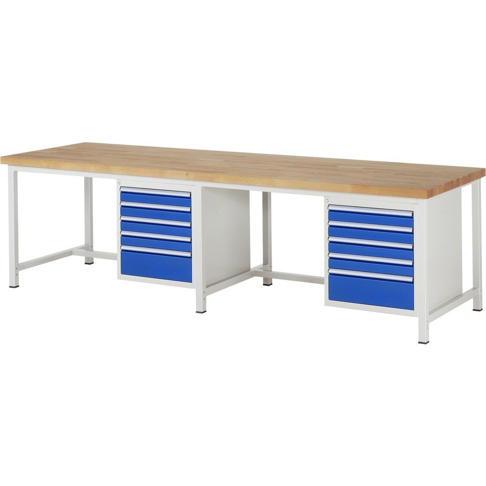 RAU Werkbank Serie 8000, 2 Container, HxBxT 840 x 3.000 x 900 mm, 10 x 100%-Auszug-Schubladen 8 x 90, 2 x 180 mm