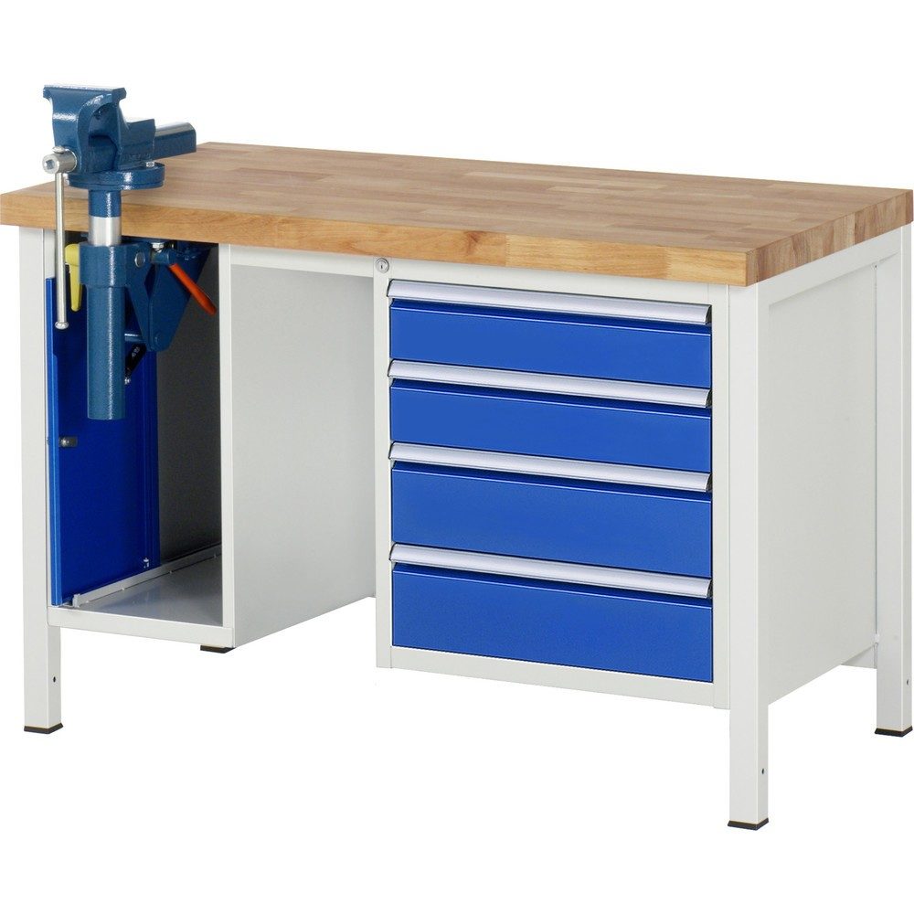 Werkbank Modell 8185, 4 Schubladen, Schrank mit Einschiebetür, inkl. Schraubstock, B 1250 x T 700