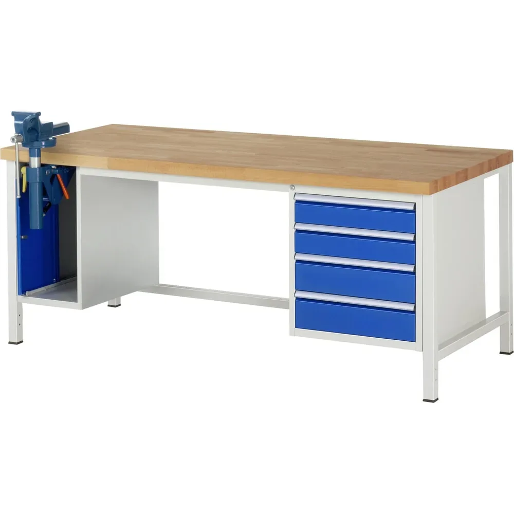 RAU Werkbank Serie 8000, 2 Container, HxBxT 840-1.040 x 2.000 x 900 mm, 4 x 90%-Auszug-Schubladen, inkl. Schraubstock