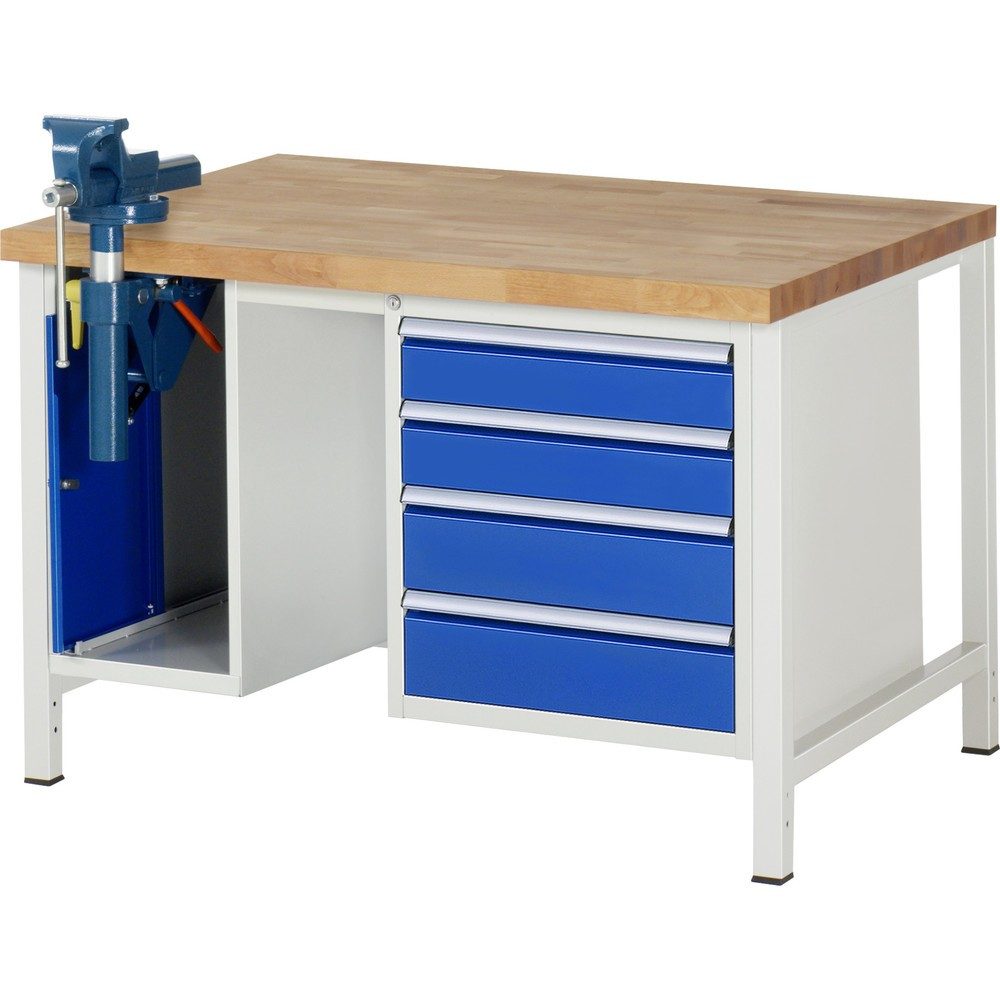 RAU Werkbank Serie 8000, 2 Container, HxBxT 840-1.040 x 1.250 x 900 mm, 4 x 90%-Auszug-Schubladen, inkl. Schraubstock