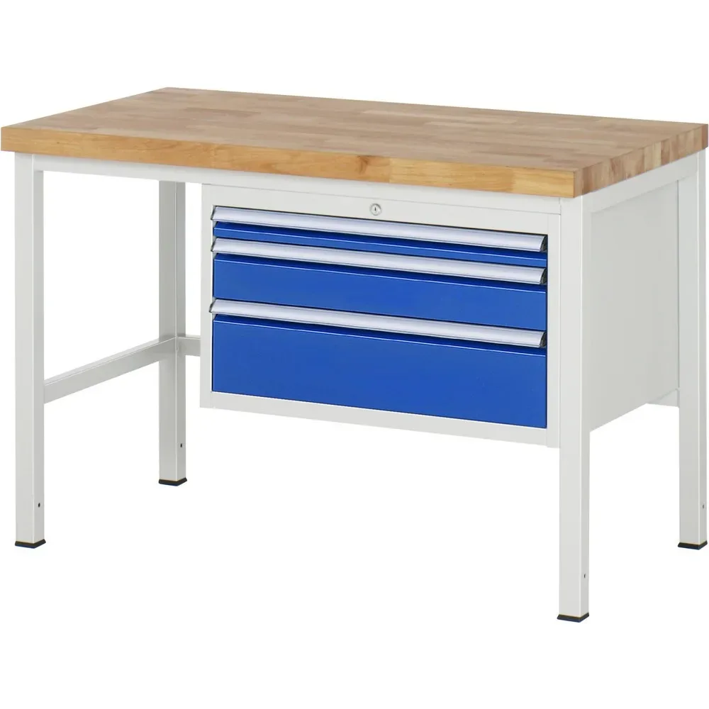 RAU Werkbank Serie 8000, HxBxT 840-1.040 x 1.250 x 700 mm, 3 x 100%-Auszug-Schubladen 1 x 60, 1 x 120, 1 x 180 mm, Breite 680 mm