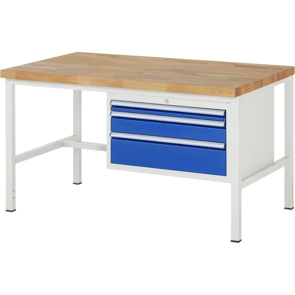 RAU Werkbank Serie 8000, HxBxT 840-1.040 x 1.500 x 900 mm, 3 x 100%-Auszug-Schubladen 1 x 60, 1 x 120, 1 x 180 mm, Schubladen-TK 75 kg
