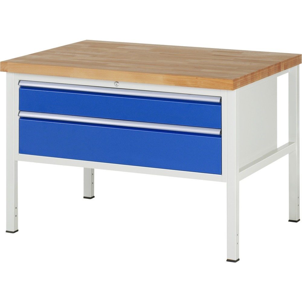 RAU Werkbank Serie 8000, HxBxT 840-1.040 x 1.250 x 900 mm, 2 x 90%-Auszug-Schubladen 1 x 150, 1 x 210 mm, Schubladen-TK 50 kg