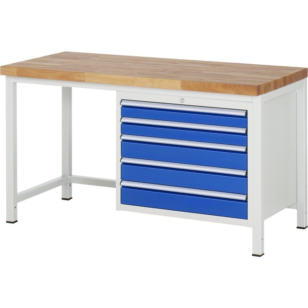 RAU Werkbank Serie 8000, HxBxT 840-1.040 x 1.500 x 700 mm, 5 x 90%-Auszug-Schubladen 2 x 90, 3 x 120 mm, Schubladen-TK 75 kg