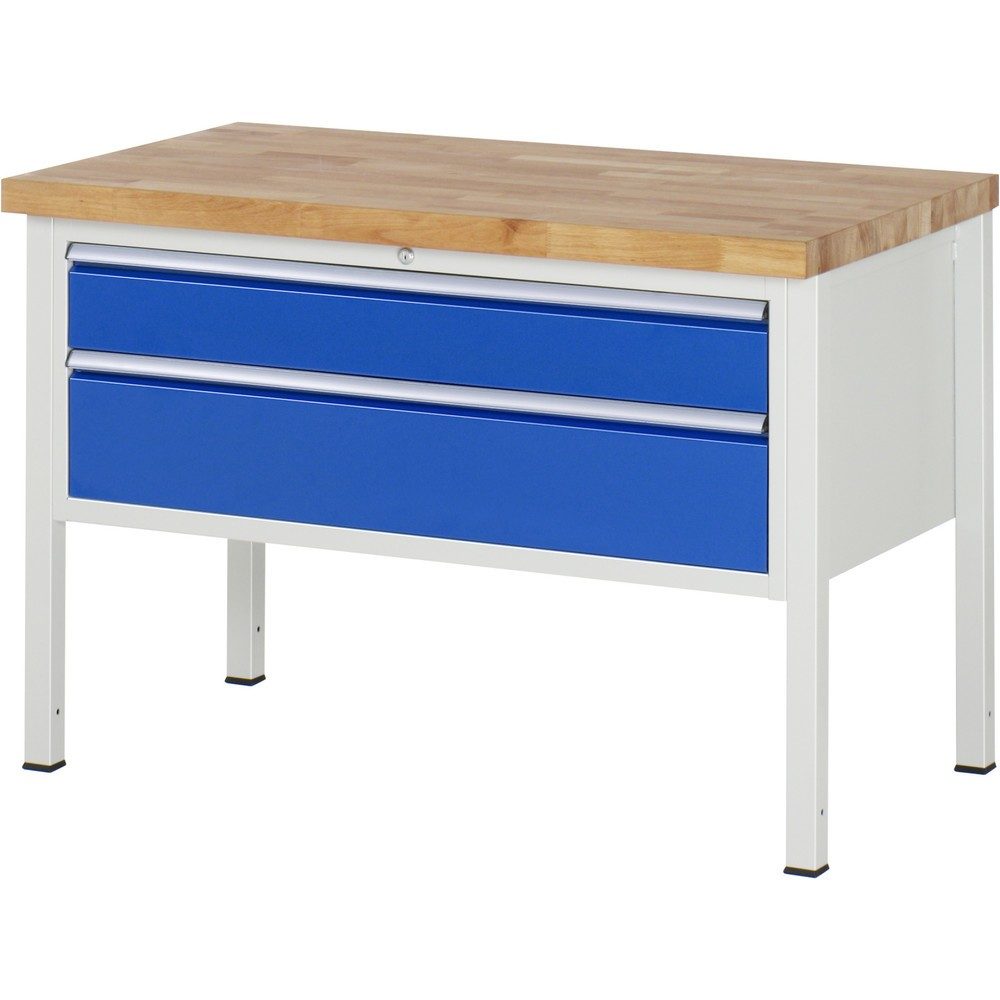 RAU Werkbank Serie 8000, HxBxT 840-1.040 x 1.250 x 700 mm, 2 x 100%-Auszug-Schubladen 1 x 150, 1 x 210 mm, Schubladen-TK 50 kg