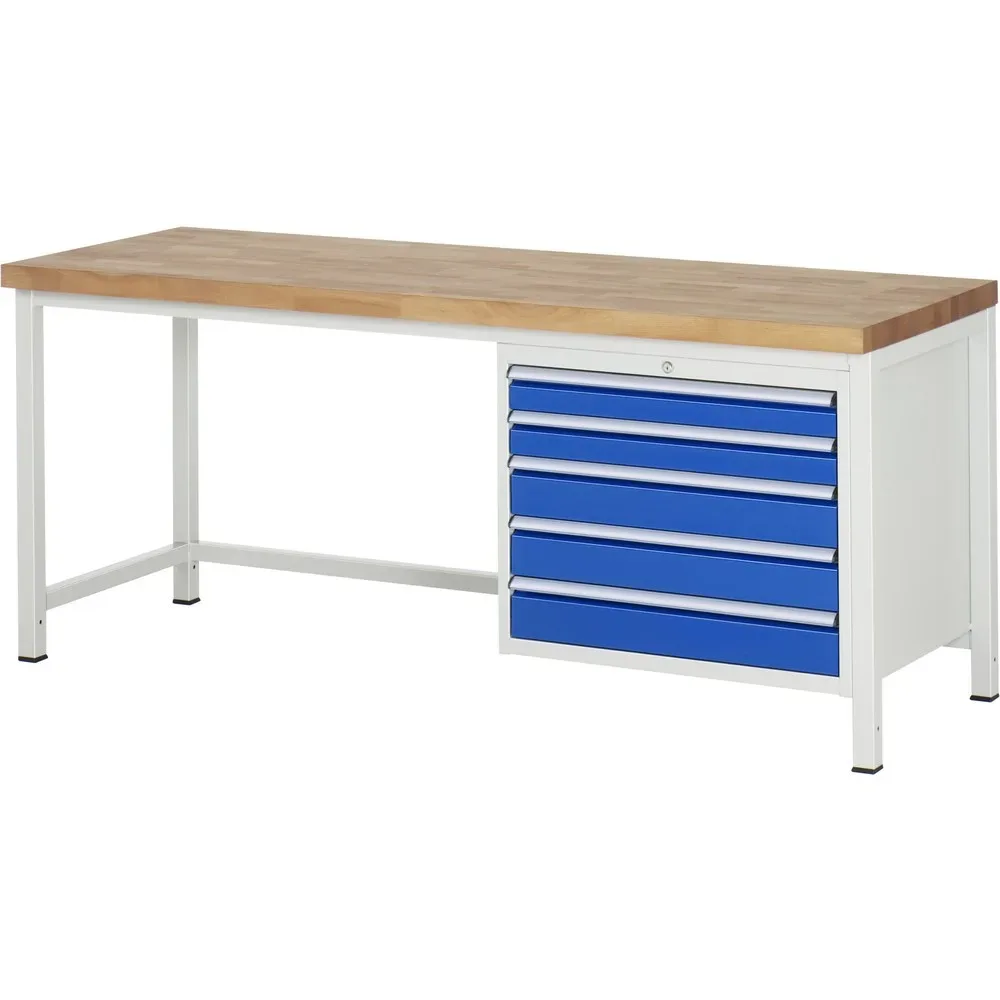 RAU Werkbank Serie 8000, HxBxT 840-1.040 x 2.000 x 700 mm, 5 x 100%-Auszug-Schubladen 2 x 90, 3 x 120 mm, Schubladen-TK 75 kg